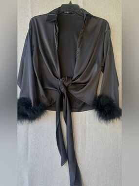Black Feather Cuff Satin Tie-Front Top size large
